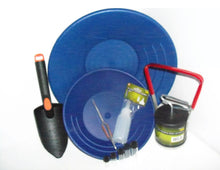 Load image into Gallery viewer, 10" & 14" BLUE GOLD PANS , BLACK SAND SEPARATER MAGNET, TWEEZERS AND 5 VIALS