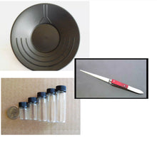 Load image into Gallery viewer, 10&quot; &amp; 14&quot; BLACK GOLD PANS , BLACK SAND SEPARATER MAGNET, TWEEZERS AND 5 VIALS
